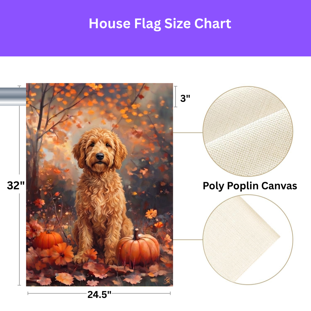 Fall Golden Doodle With Pumpkins Garden Flag Double Sided 12x18 24x32 Outdoor