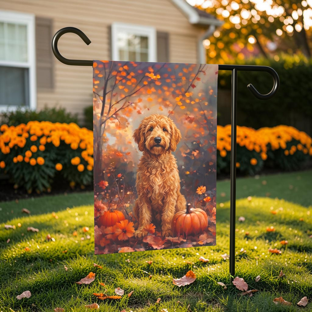 Fall Golden Doodle With Pumpkins Garden Flag Double Sided 12x18 24x32 Outdoor