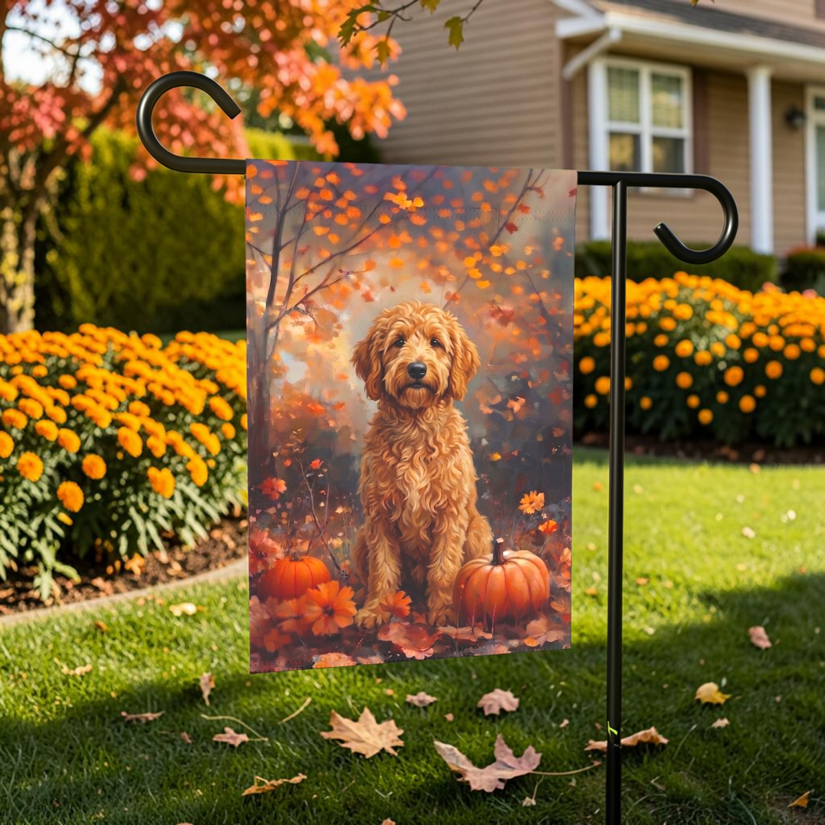 Fall Golden Doodle With Pumpkins Garden Flag Double Sided 12x18 24x32 Outdoor