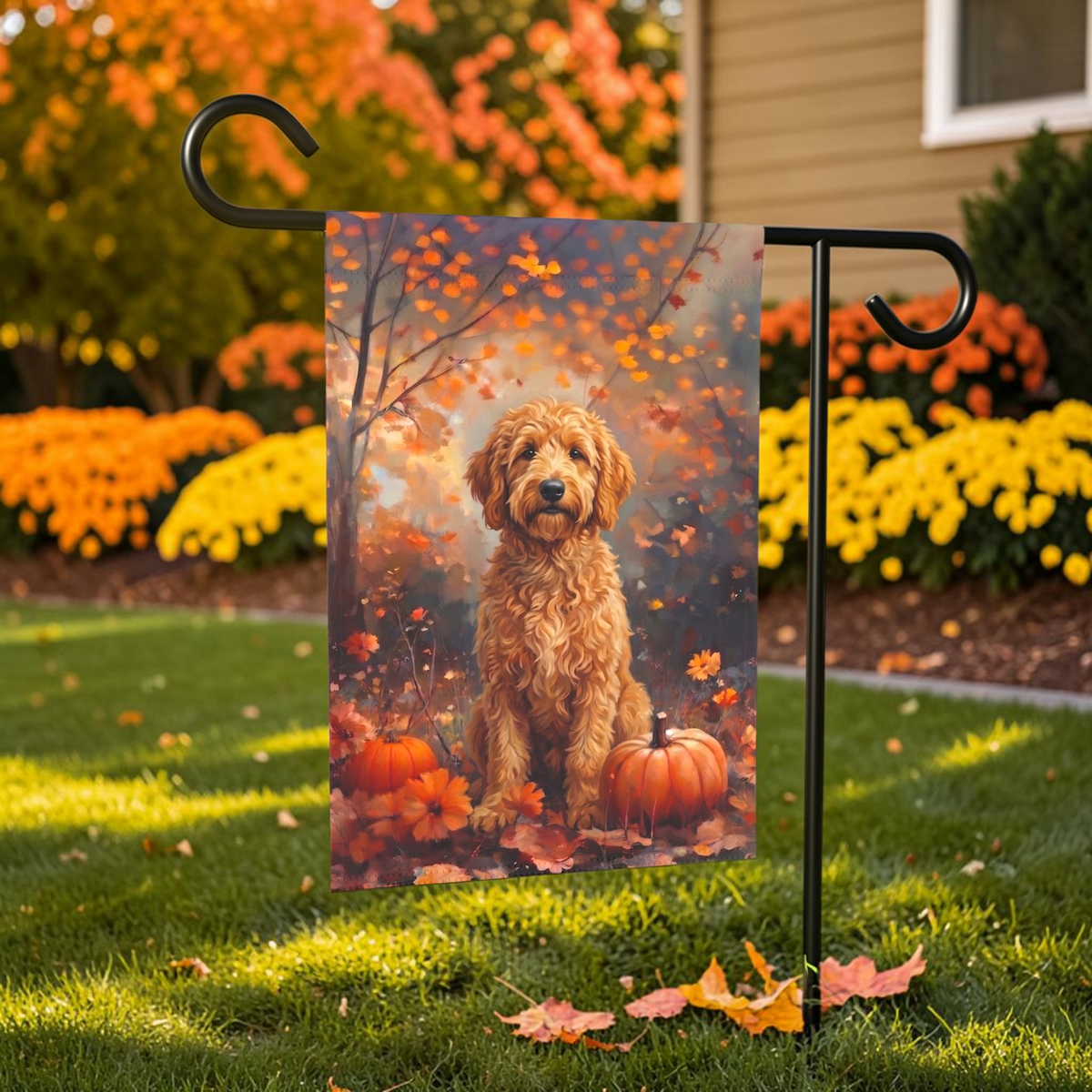 Fall Golden Doodle With Pumpkins Garden Flag Double Sided 12x18 24x32 Outdoor