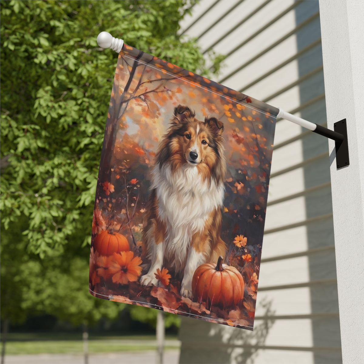 Fall Sheltie With Pumpkins Garden Flag Double Sided 12x18 24x32 Outdoor