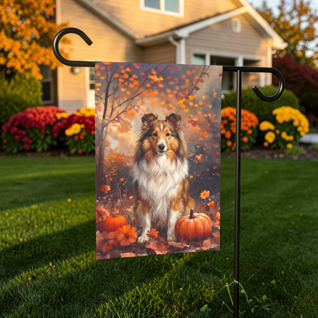 Fall Sheltie With Pumpkins Garden Flag Double Sided 12x18 24x32 Outdoor