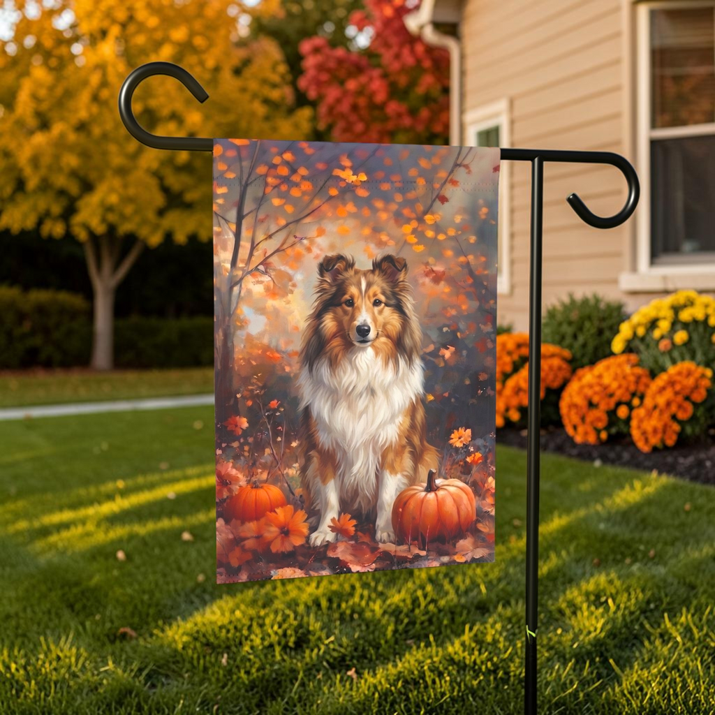 Fall Sheltie With Pumpkins Garden Flag Double Sided 12x18 24x32 Outdoor