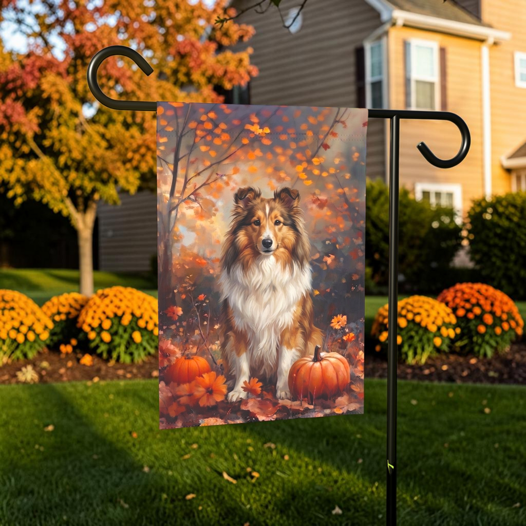 Fall Sheltie With Pumpkins Garden Flag Double Sided 12x18 24x32 Outdoor