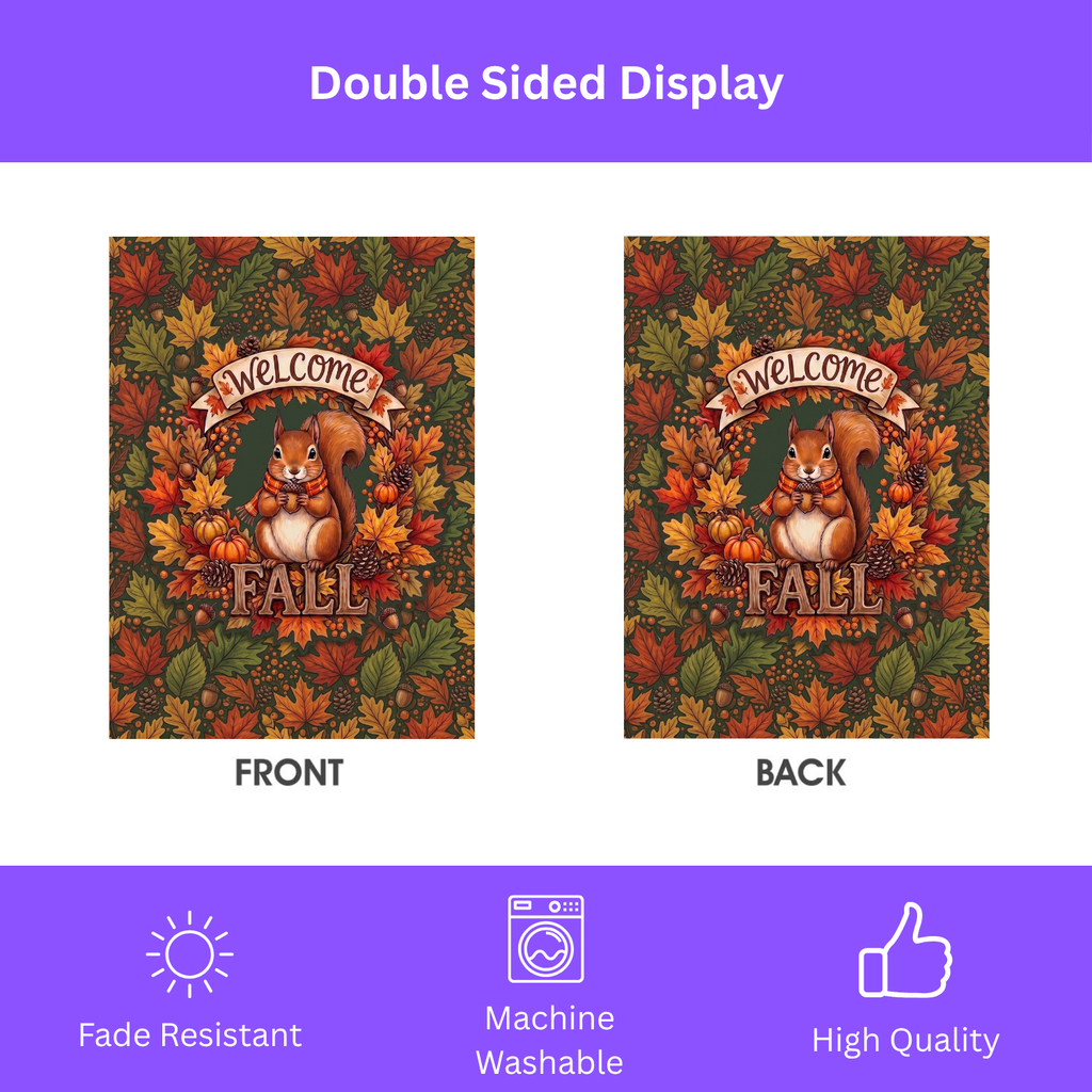 Welcome Fall Squirrel And Pumpkins Garden Flag Double Sided 12x18 24x32 Outdoor