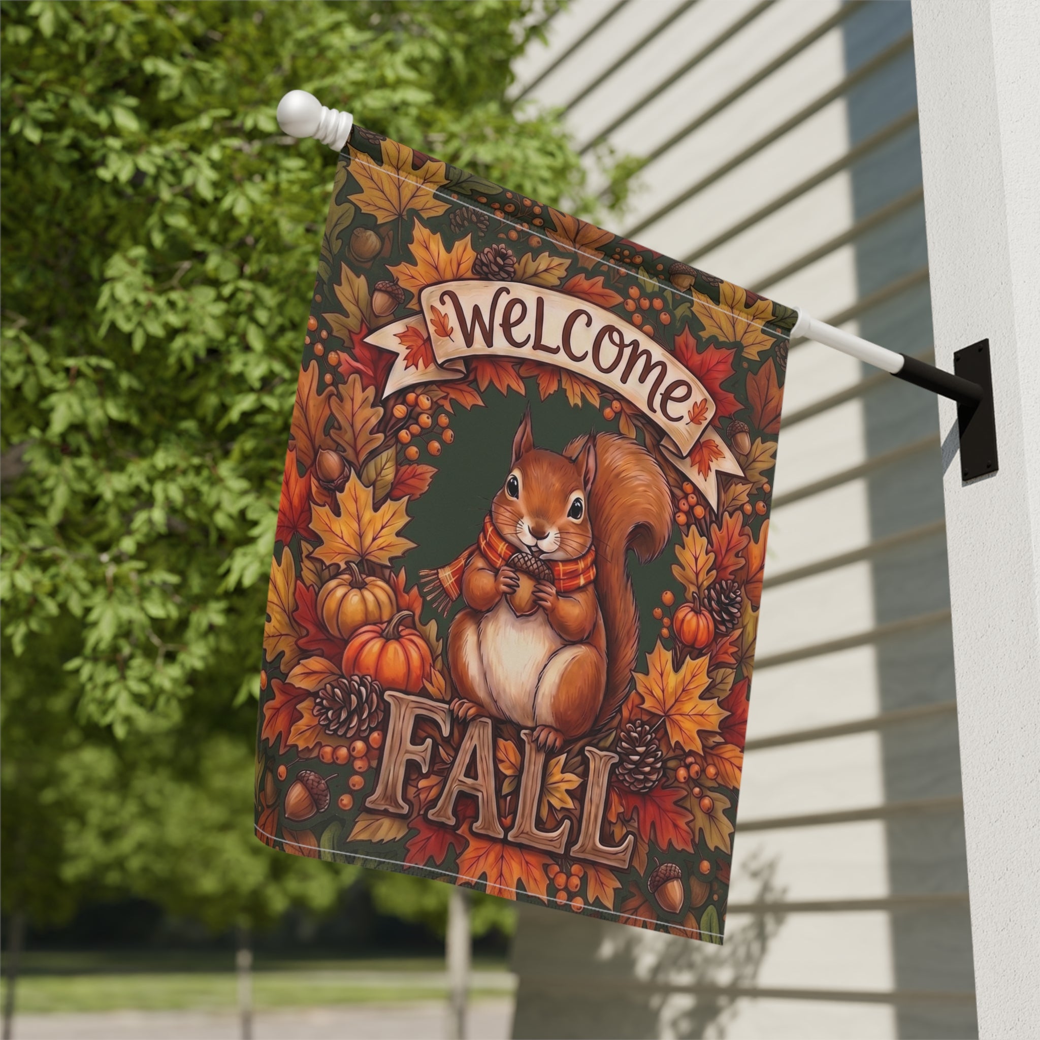Welcome Fall Squirrel And Pumpkins Garden Flag Double Sided 12x18 24x32 Outdoor