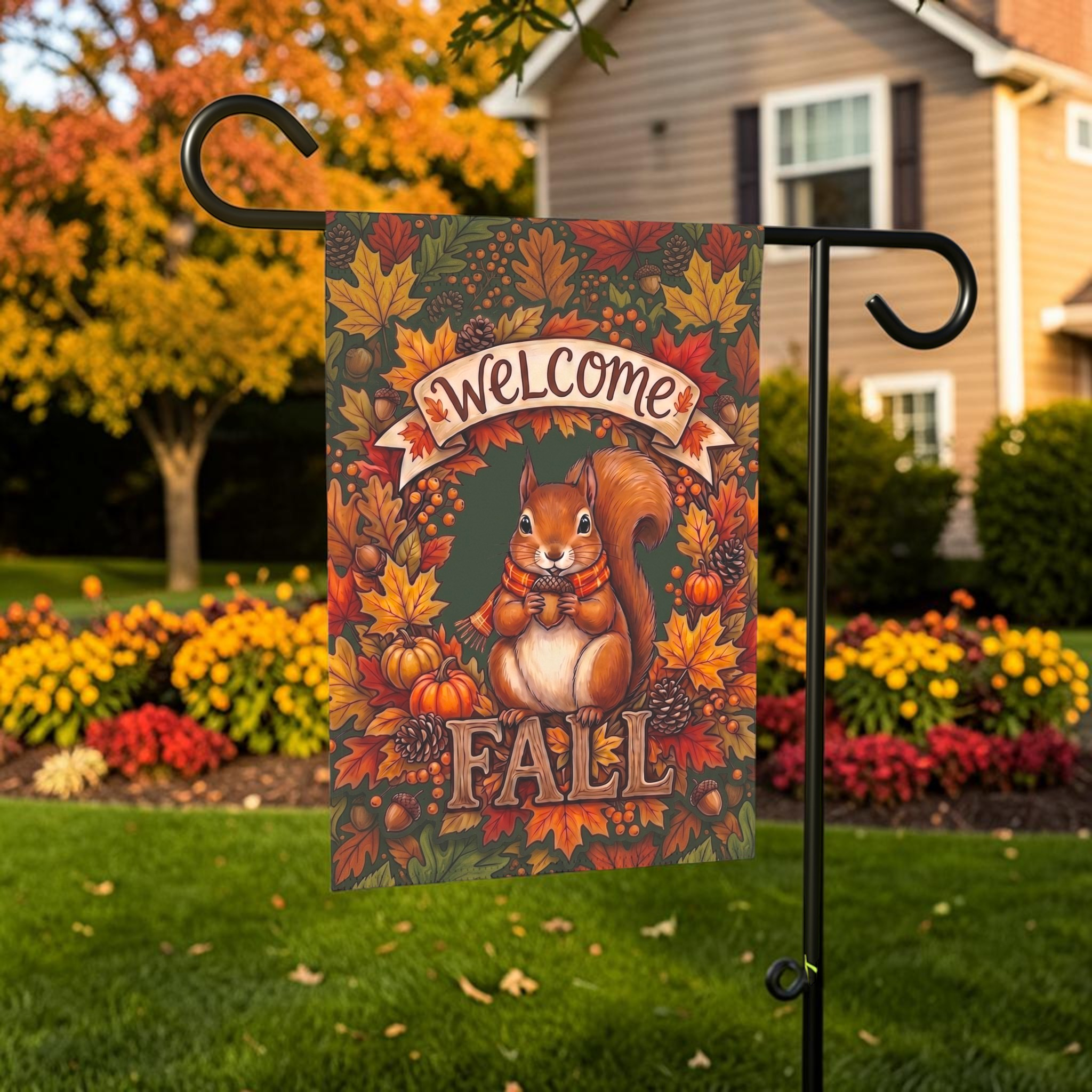 Welcome Fall Squirrel And Pumpkins Garden Flag Double Sided 12x18 24x32 Outdoor