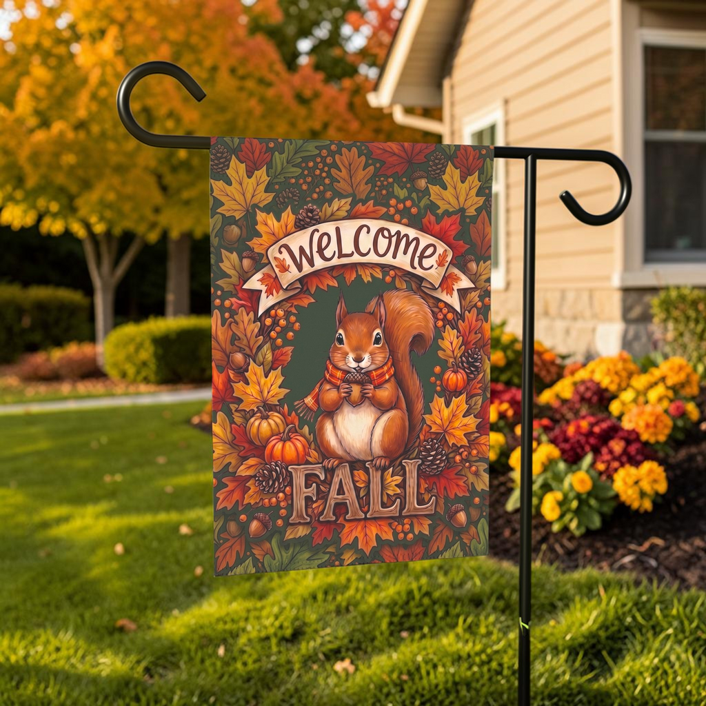 Welcome Fall Squirrel And Pumpkins Garden Flag Double Sided 12x18 24x32 Outdoor