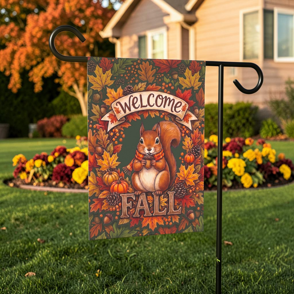 Welcome Fall Squirrel And Pumpkins Garden Flag Double Sided 12x18 24x32 Outdoor