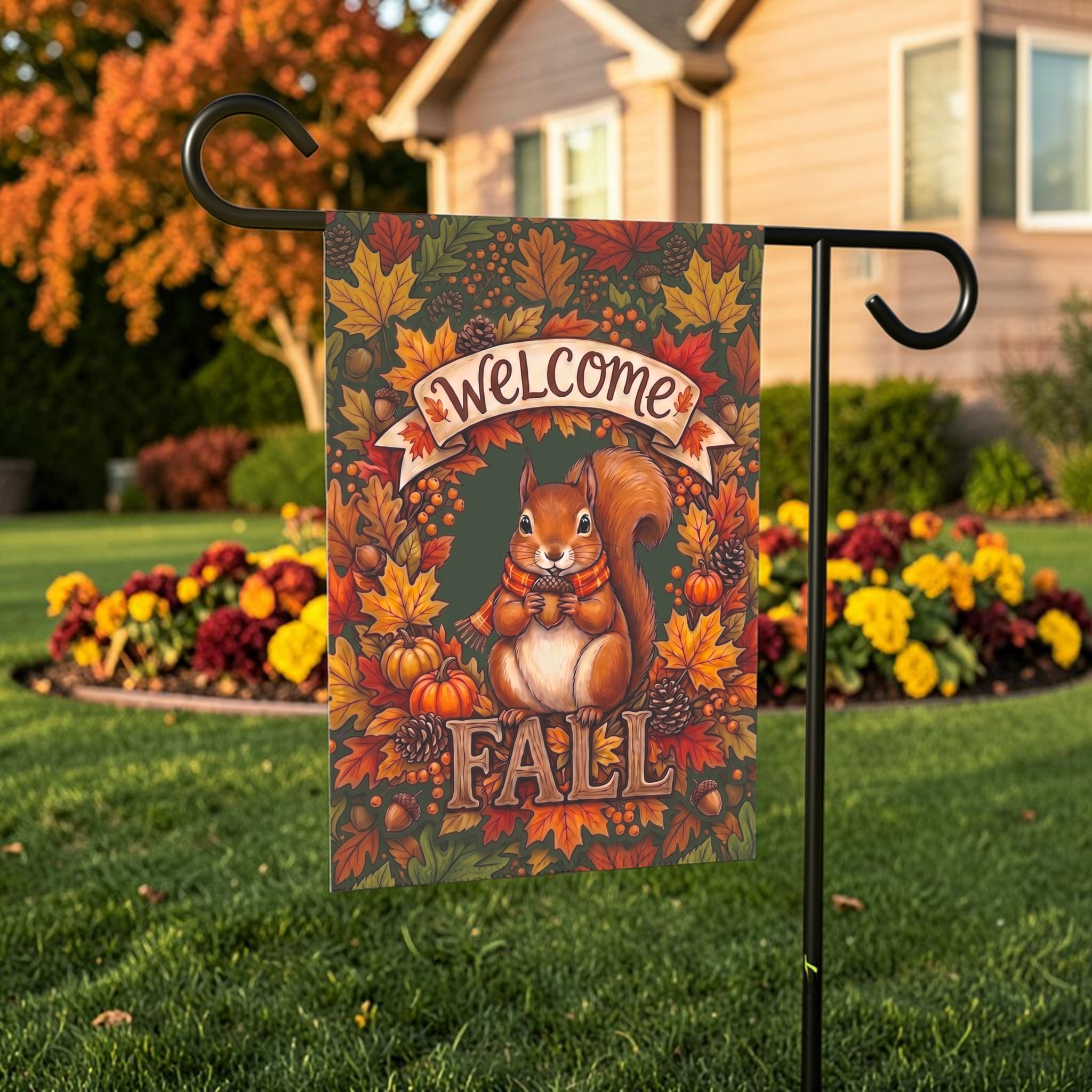 Welcome Fall Squirrel And Pumpkins Garden Flag Double Sided 12x18 24x32 Outdoor