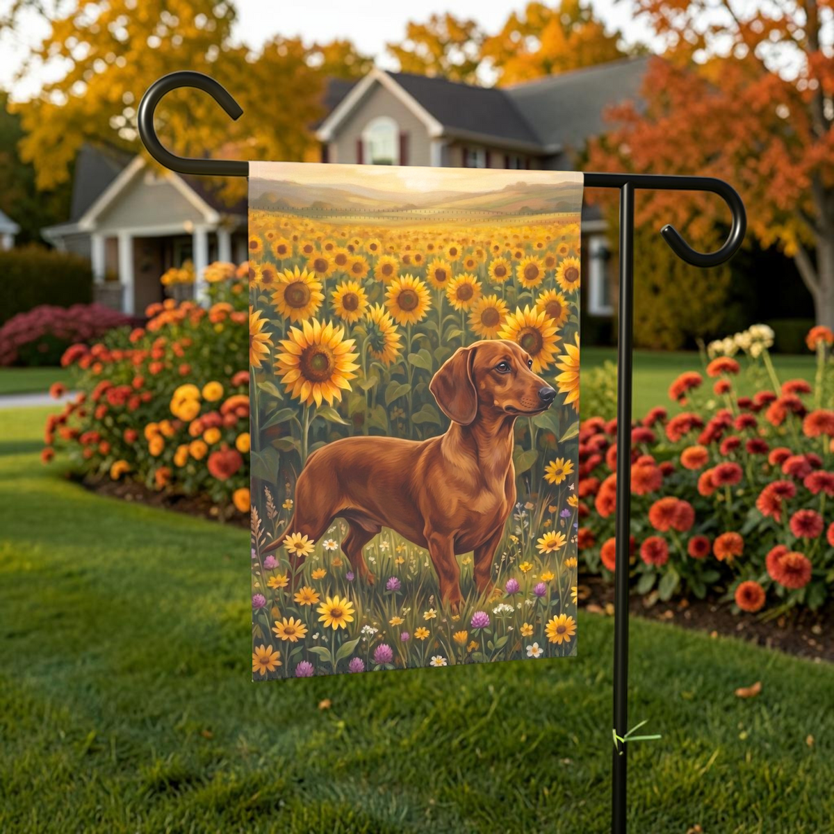 Sunflower Field Short Hair Dachshund Garden Flag Double Sided 12x18 24x32