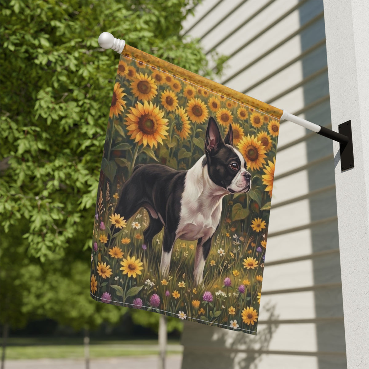 Sunflower Field Black and White Boston Terrier Garden Flag Double Sided Outdoor