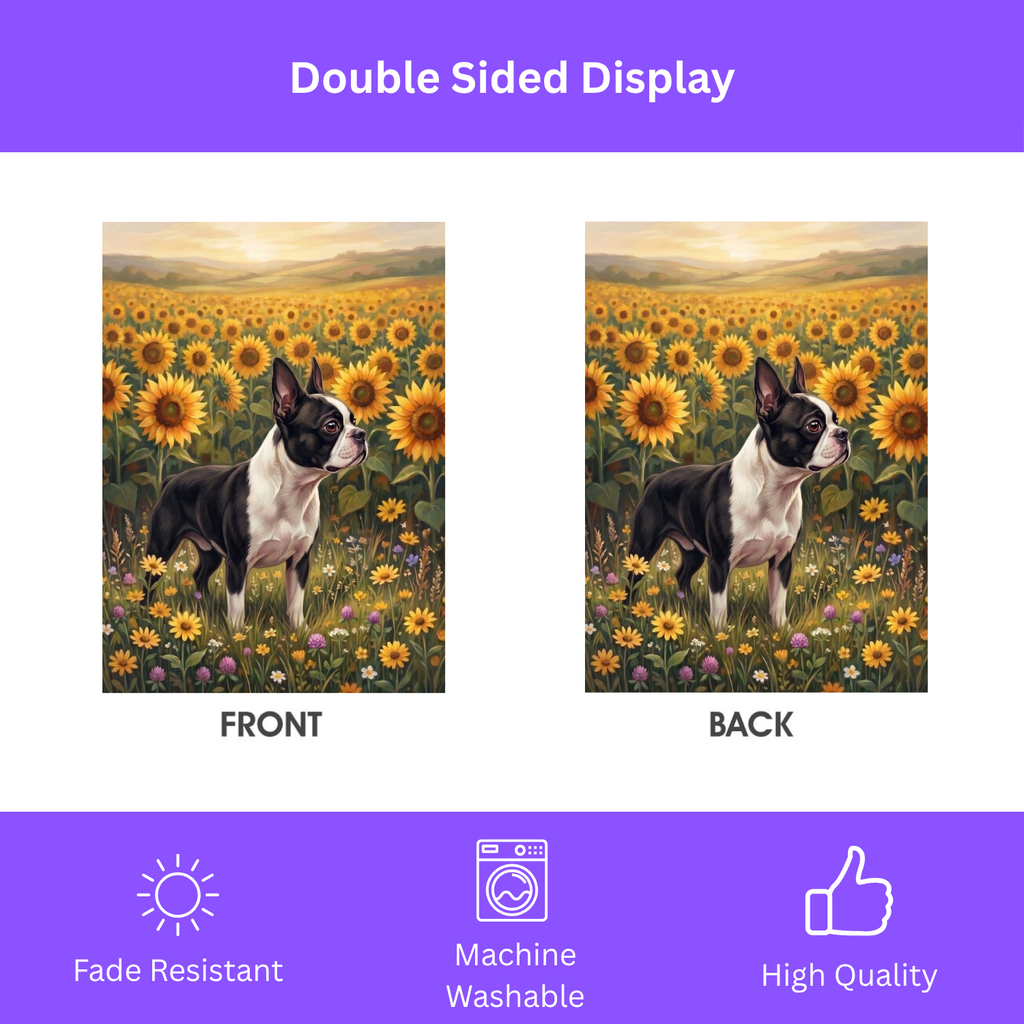 Sunflower Field Black and White Boston Terrier Garden Flag Double Sided Outdoor