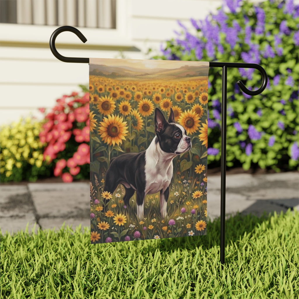 Sunflower Field Black and White Boston Terrier Garden Flag Double Sided Outdoor