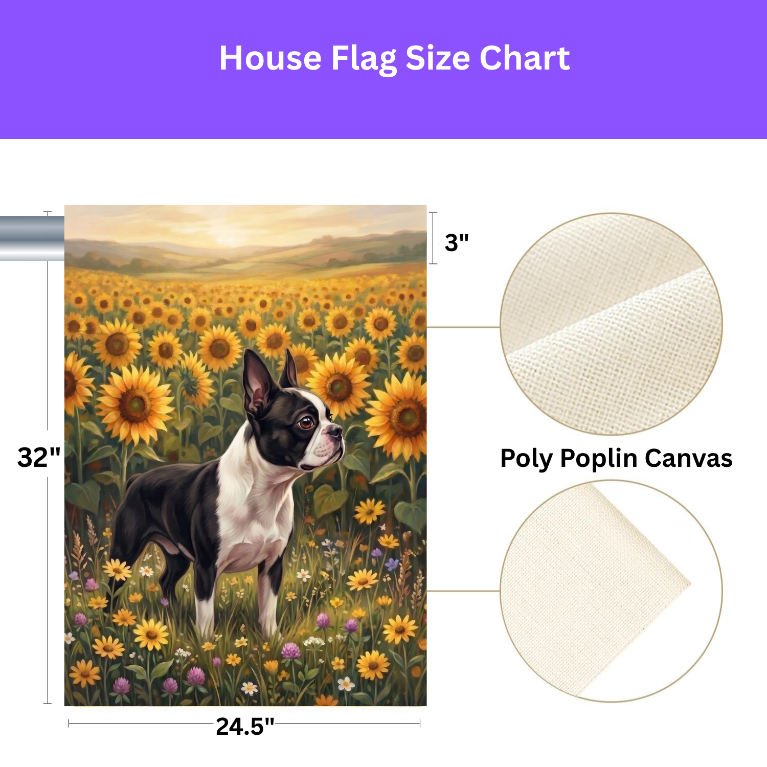 Sunflower Field Black and White Boston Terrier Garden Flag Double Sided Outdoor