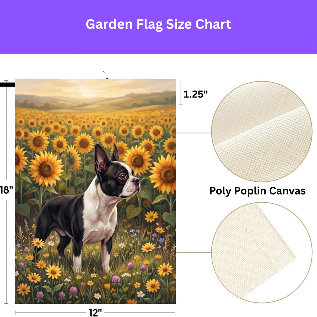 Sunflower Field Black and White Boston Terrier Garden Flag Double Sided Outdoor