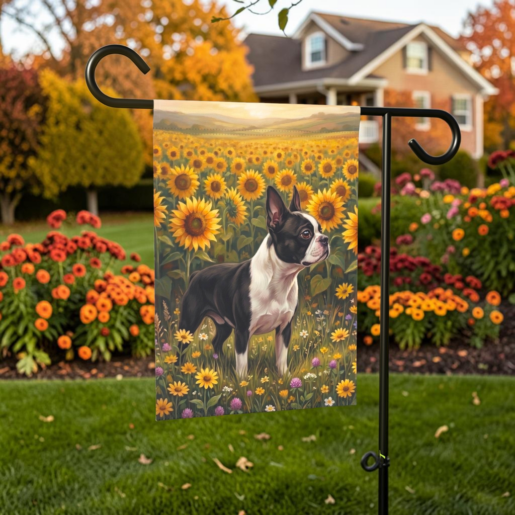 Sunflower Field Black and White Boston Terrier Garden Flag Double Sided Outdoor