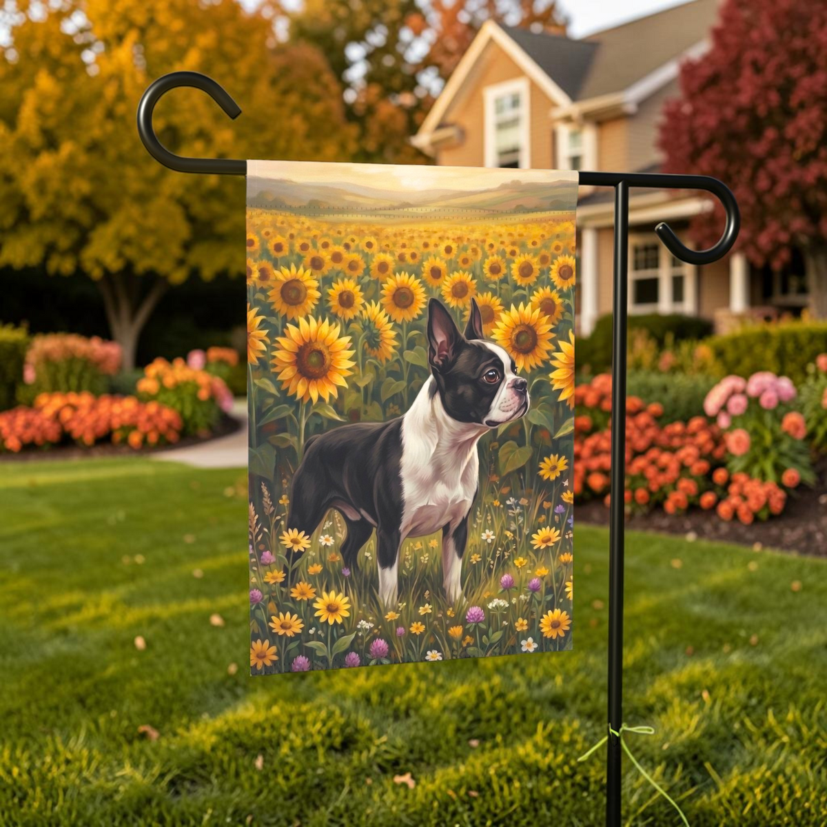 Sunflower Field Black and White Boston Terrier Garden Flag Double Sided Outdoor