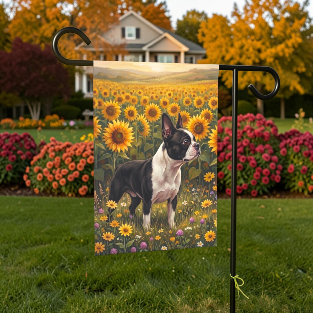 Sunflower Field Black and White Boston Terrier Garden Flag Double Sided Outdoor