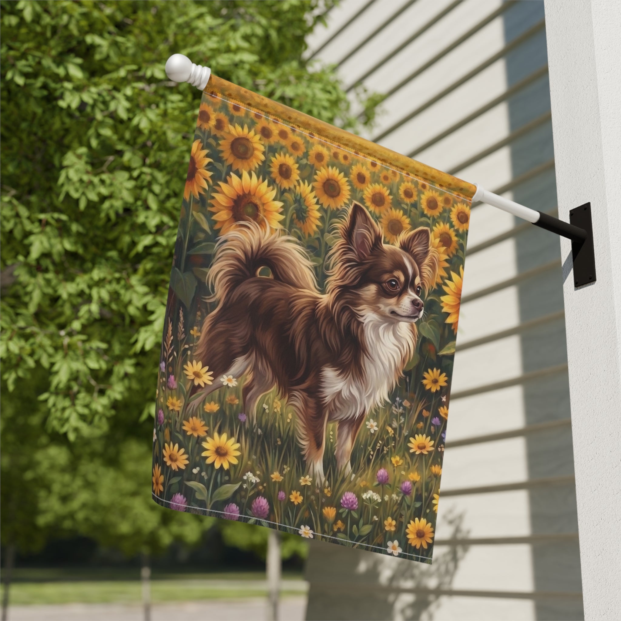 Sunflower Field Long Hair Chihuahua Garden Flag Double Sided 12x18 24x32 Outdoor