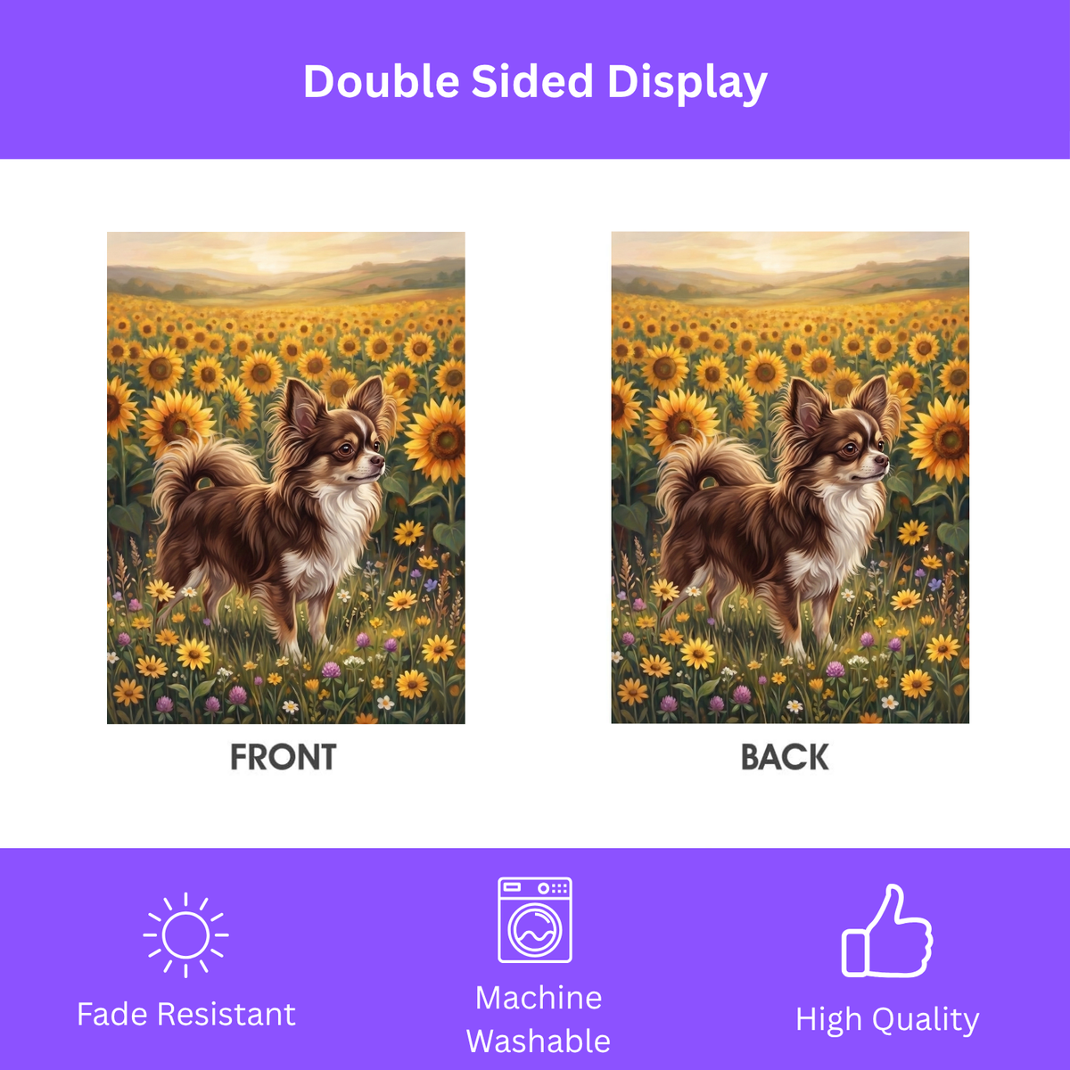 Sunflower Field Long Hair Chihuahua Garden Flag Double Sided 12x18 24x32 Outdoor