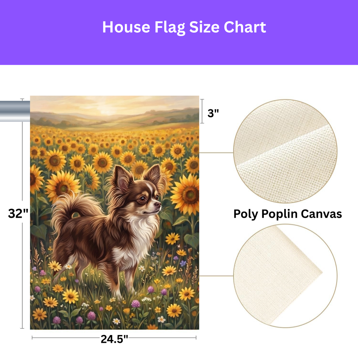 Sunflower Field Long Hair Chihuahua Garden Flag Double Sided 12x18 24x32 Outdoor