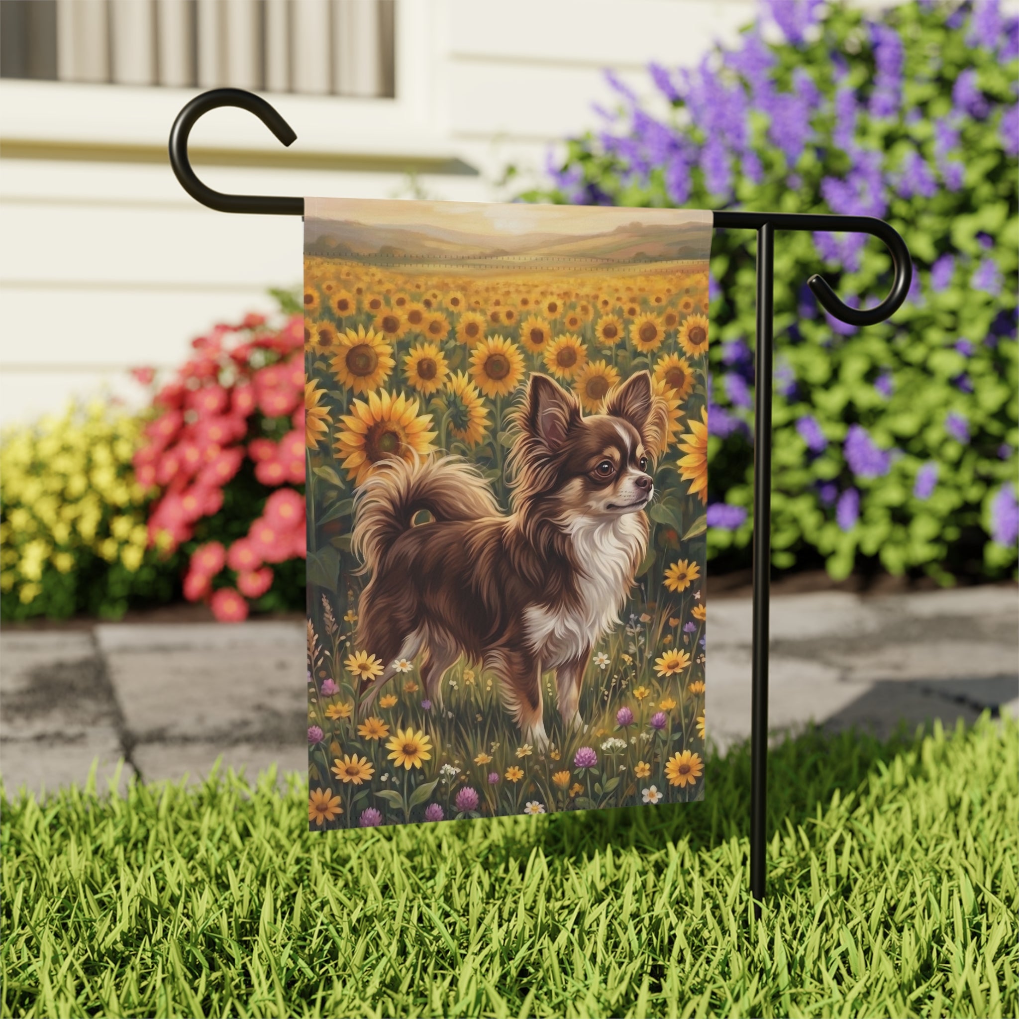 Sunflower Field Long Hair Chihuahua Garden Flag Double Sided 12x18 24x32 Outdoor
