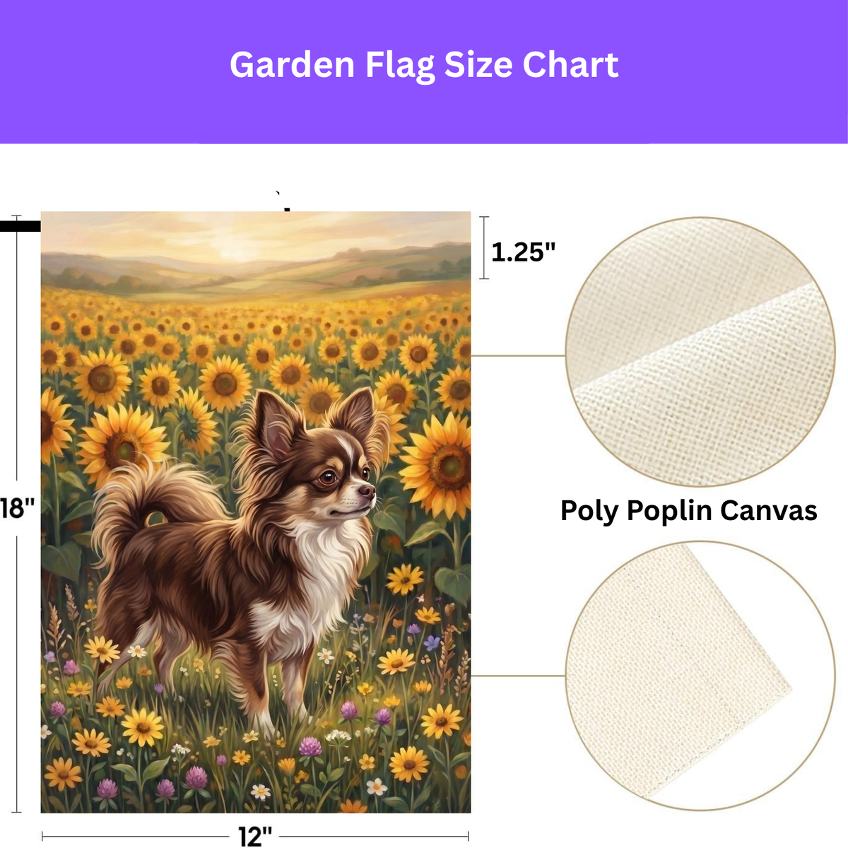 Sunflower Field Long Hair Chihuahua Garden Flag Double Sided 12x18 24x32 Outdoor