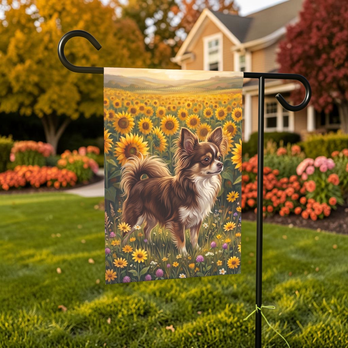 Sunflower Field Long Hair Chihuahua Garden Flag Double Sided 12x18 24x32 Outdoor