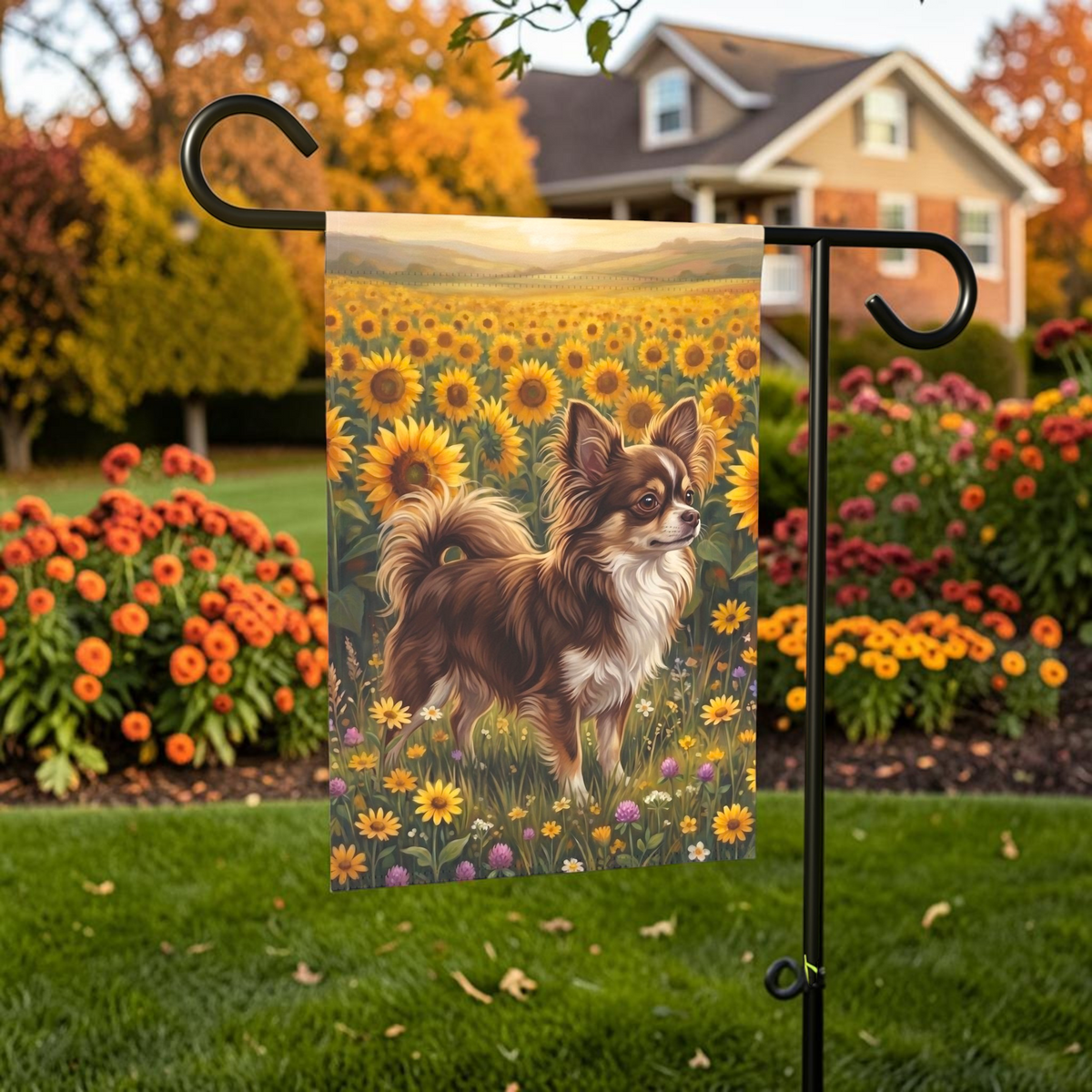Sunflower Field Long Hair Chihuahua Garden Flag Double Sided 12x18 24x32 Outdoor