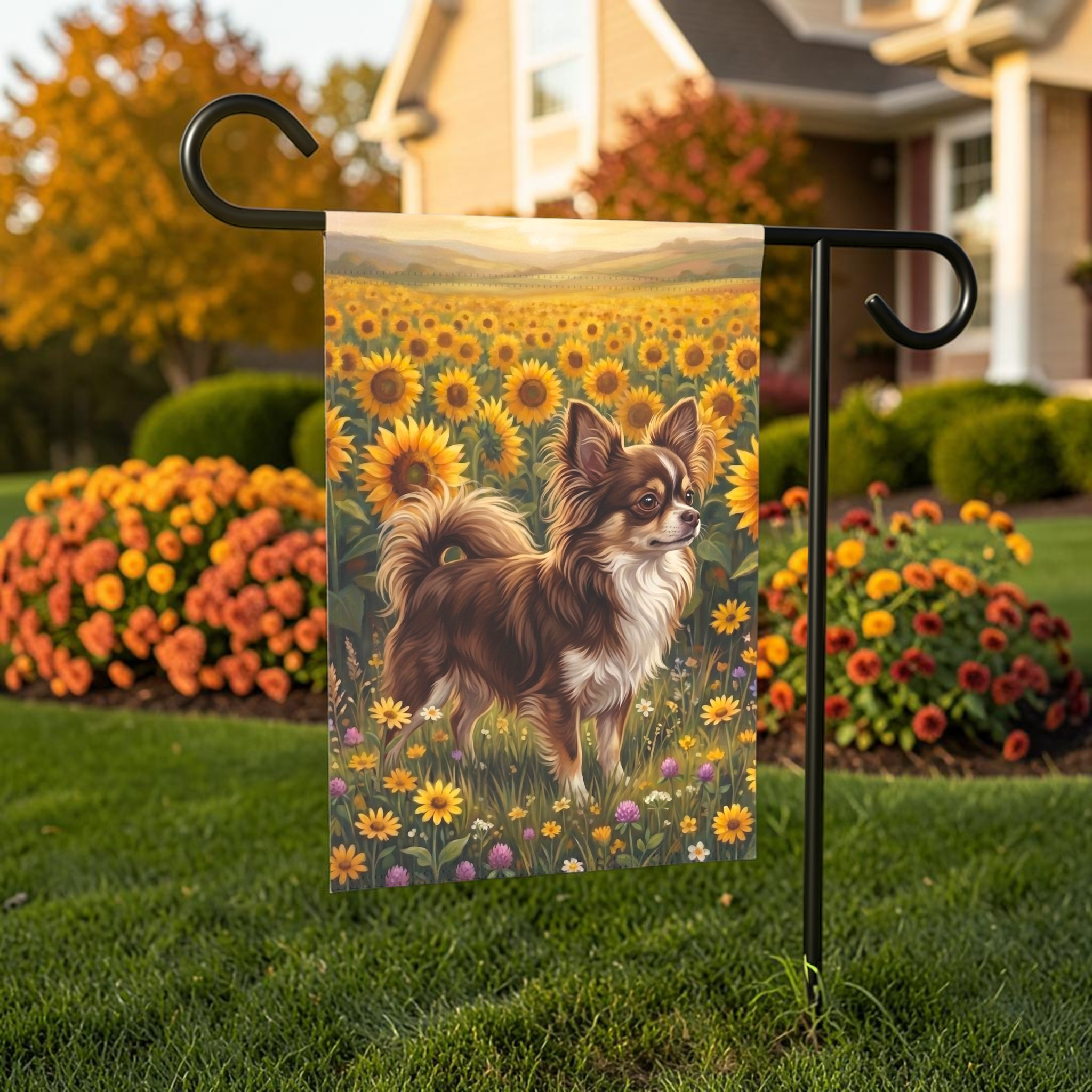 Sunflower Field Long Hair Chihuahua Garden Flag Double Sided 12x18 24x32 Outdoor