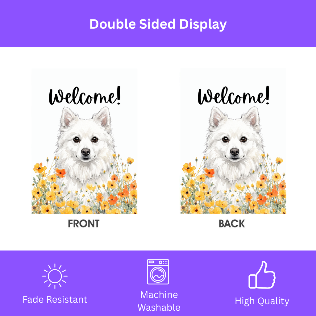 Yellow Poppies American Eskimo Dog Welcome Garden Flag Double Sided 12x18 24x32