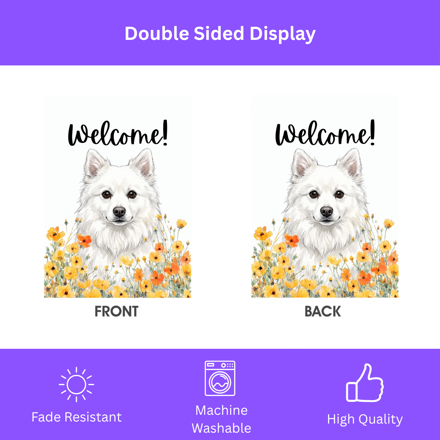 Yellow Poppies American Eskimo Dog Welcome Garden Flag Double Sided 12x18 24x32