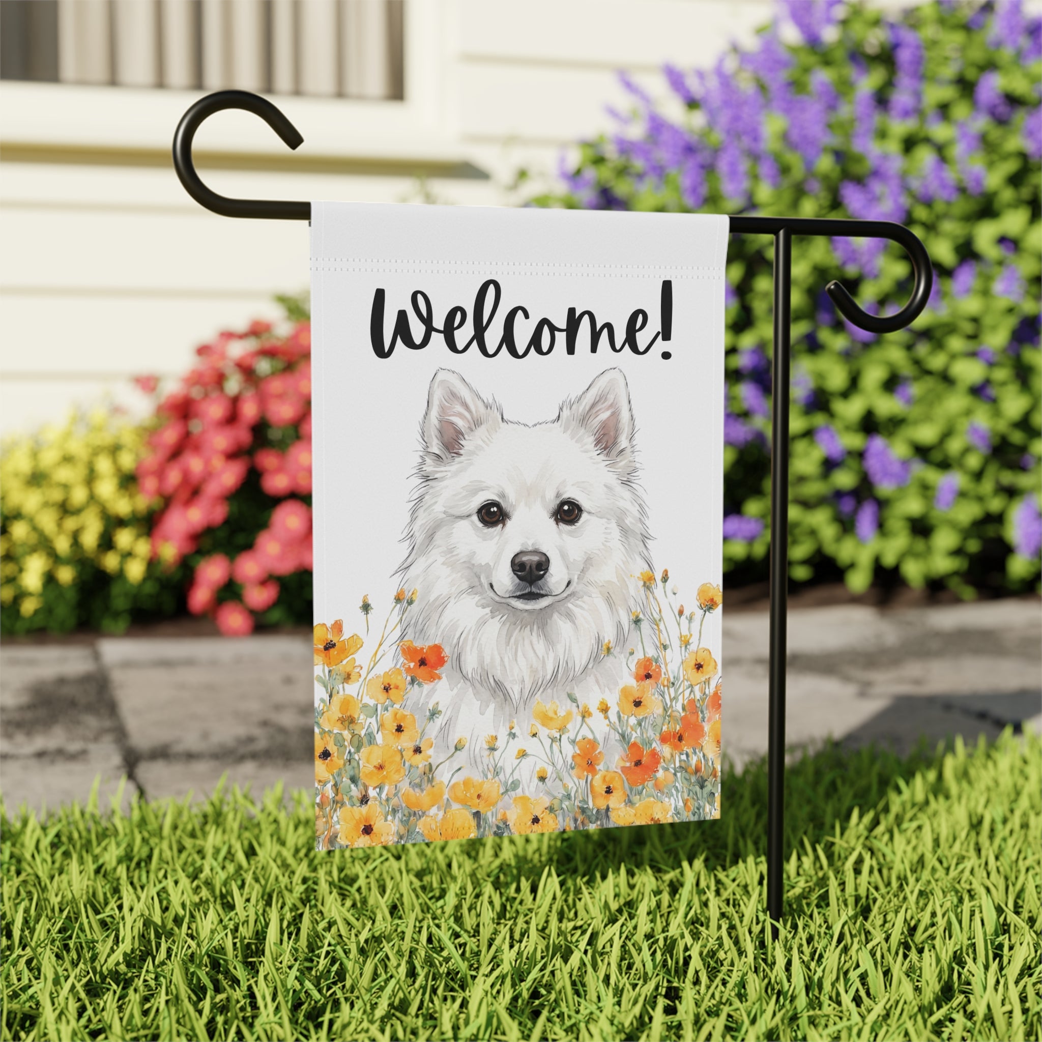 Yellow Poppies American Eskimo Dog Welcome Garden Flag Double Sided 12x18 24x32