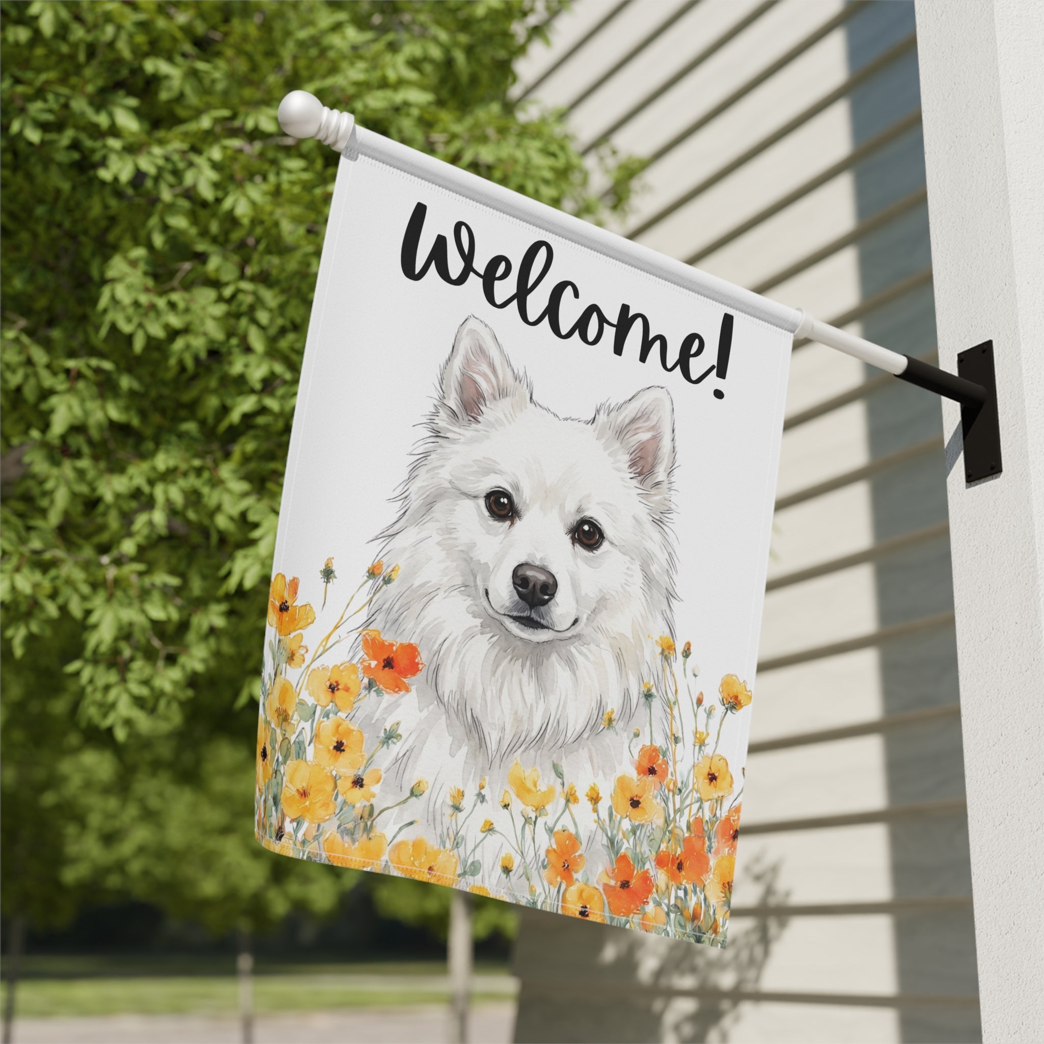 Yellow Poppies American Eskimo Dog Welcome Garden Flag Double Sided 12x18 24x32