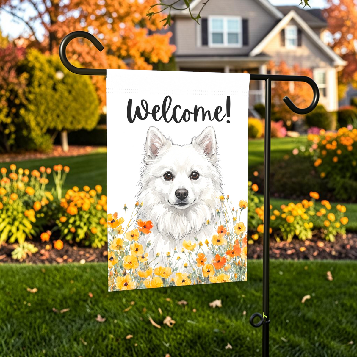 Yellow Poppies American Eskimo Dog Welcome Garden Flag Double Sided 12x18 24x32