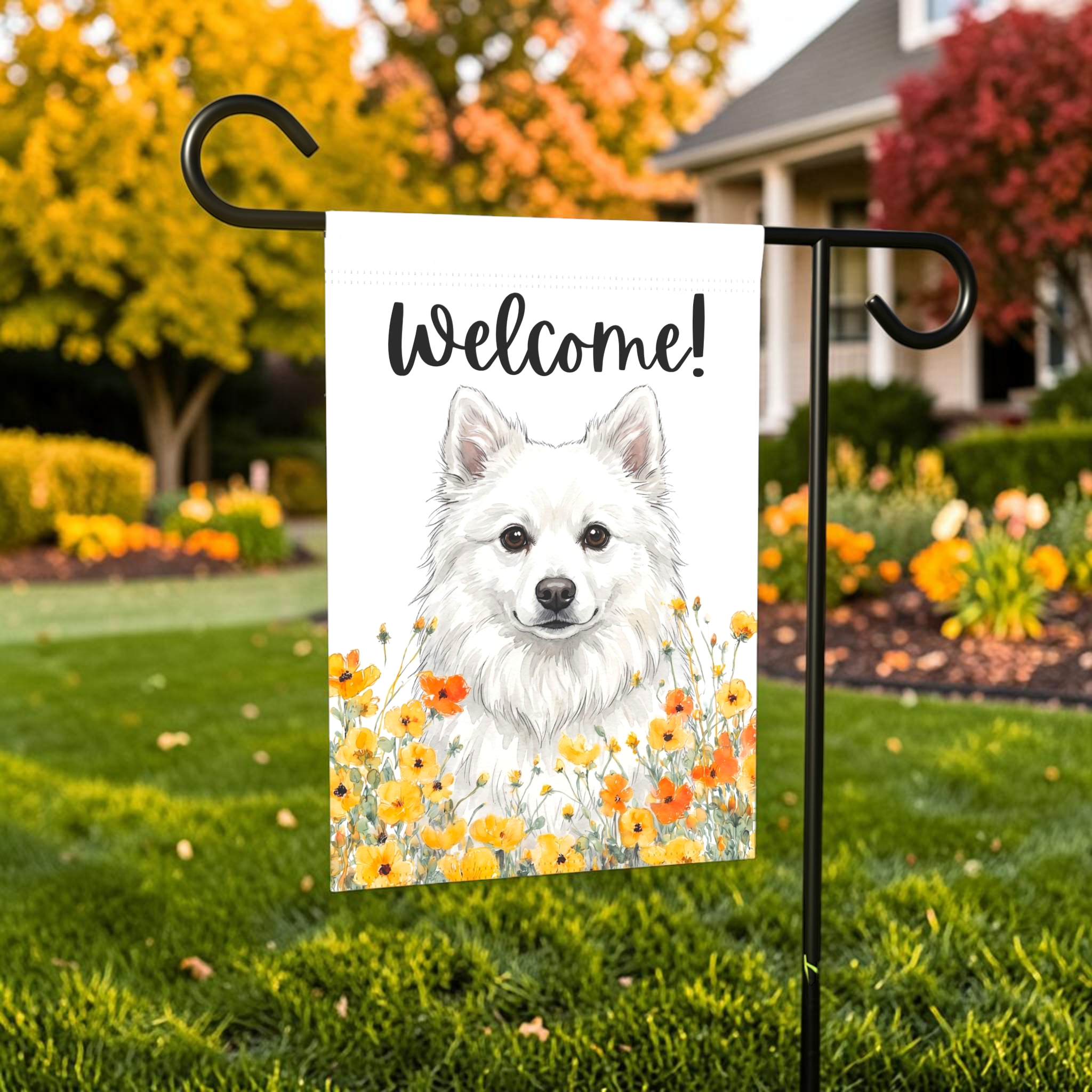 Yellow Poppies American Eskimo Dog Welcome Garden Flag Double Sided 12x18 24x32