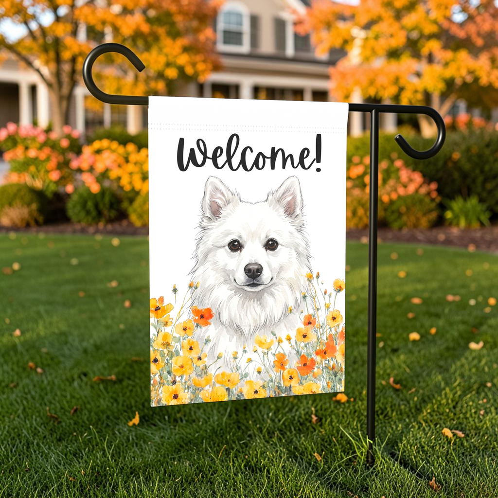 Yellow Poppies American Eskimo Dog Welcome Garden Flag Double Sided 12x18 24x32