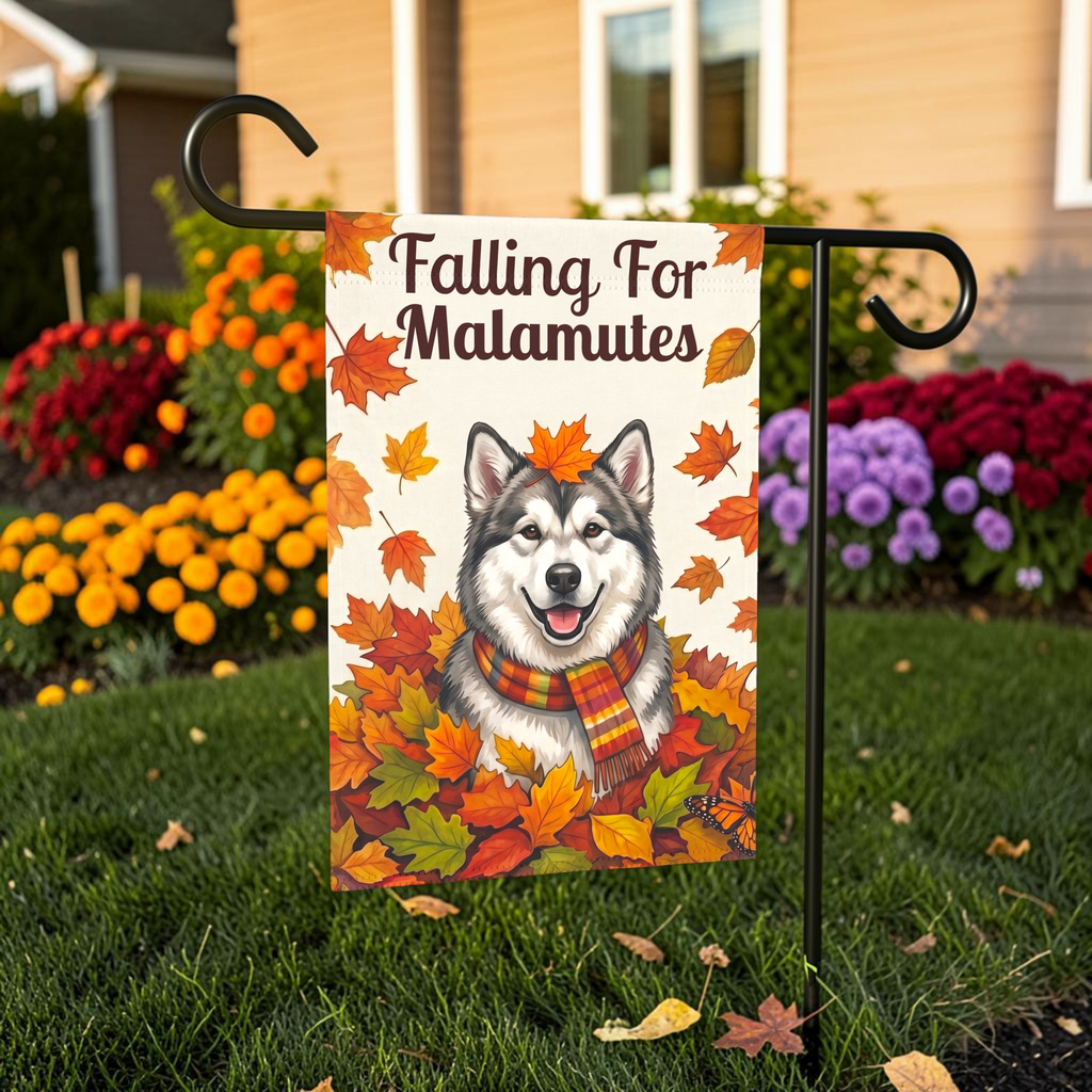 Falling For Alaskan Malamutes Autumn Garden Flag Double Sided 12x18 24x32