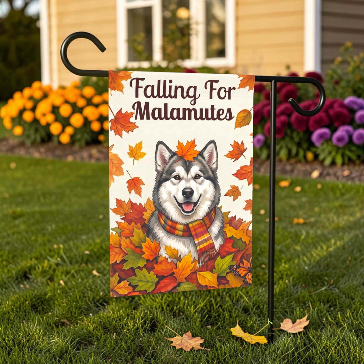 Falling For Alaskan Malamutes Autumn Garden Flag Double Sided 12x18 24x32