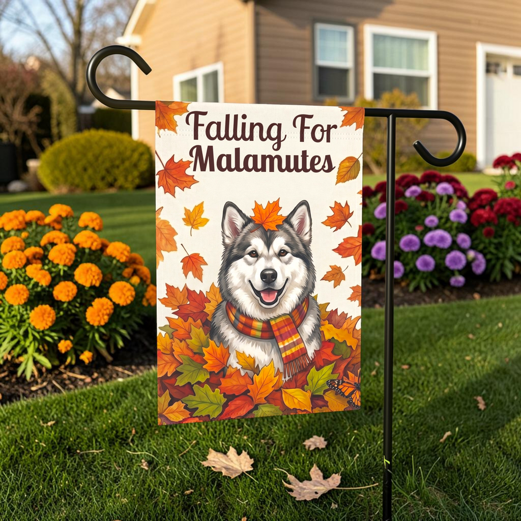Falling For Alaskan Malamutes Autumn Garden Flag Double Sided 12x18 24x32