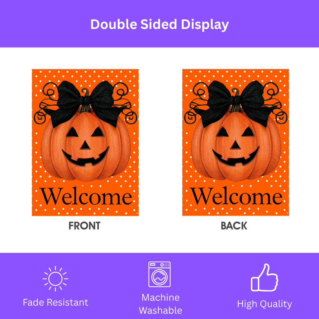 Black Bow Jack-o'-Lantern Pumpkin Welcome Garden Flag Double Sided 12x18 24x32