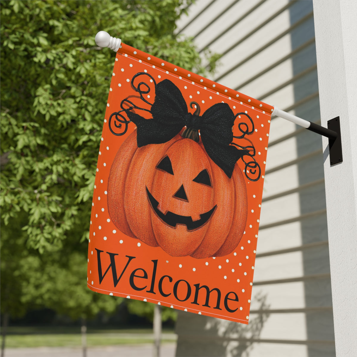 Black Bow Jack-o'-Lantern Pumpkin Welcome Garden Flag Double Sided 12x18 24x32