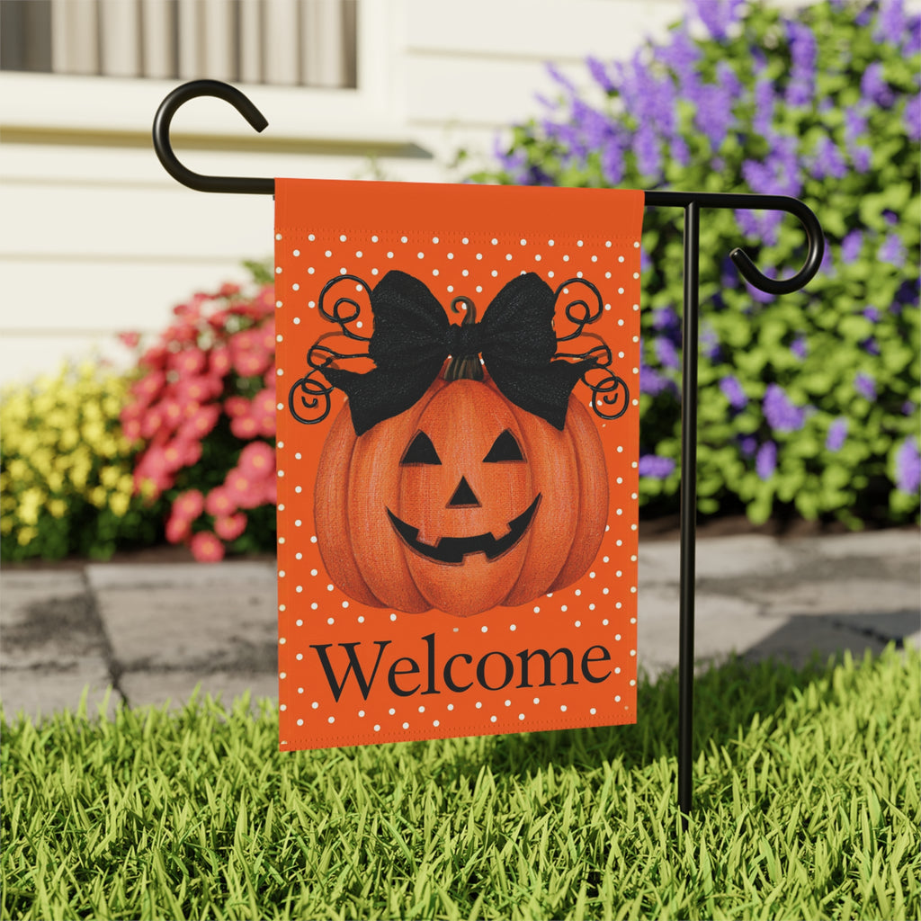 Black Bow Jack-o'-Lantern Pumpkin Welcome Garden Flag Double Sided 12x18 24x32