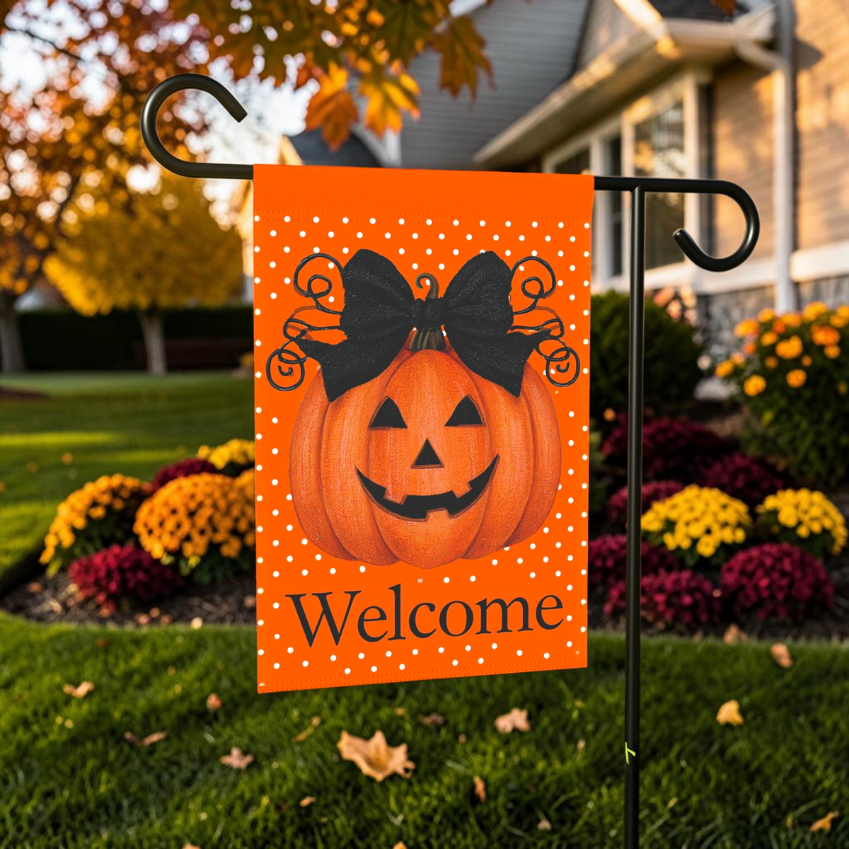 Black Bow Jack-o'-Lantern Pumpkin Welcome Garden Flag Double Sided 12x18 24x32