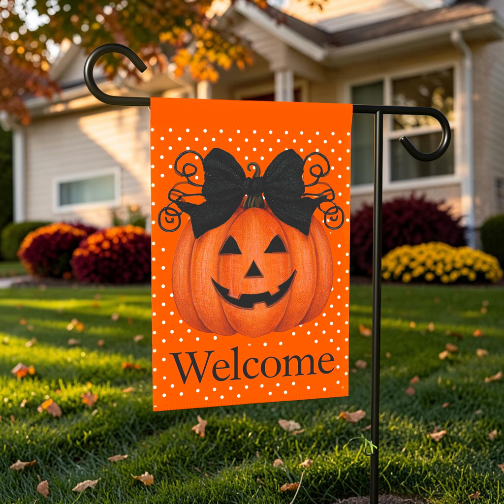Black Bow Jack-o'-Lantern Pumpkin Welcome Garden Flag Double Sided 12x18 24x32