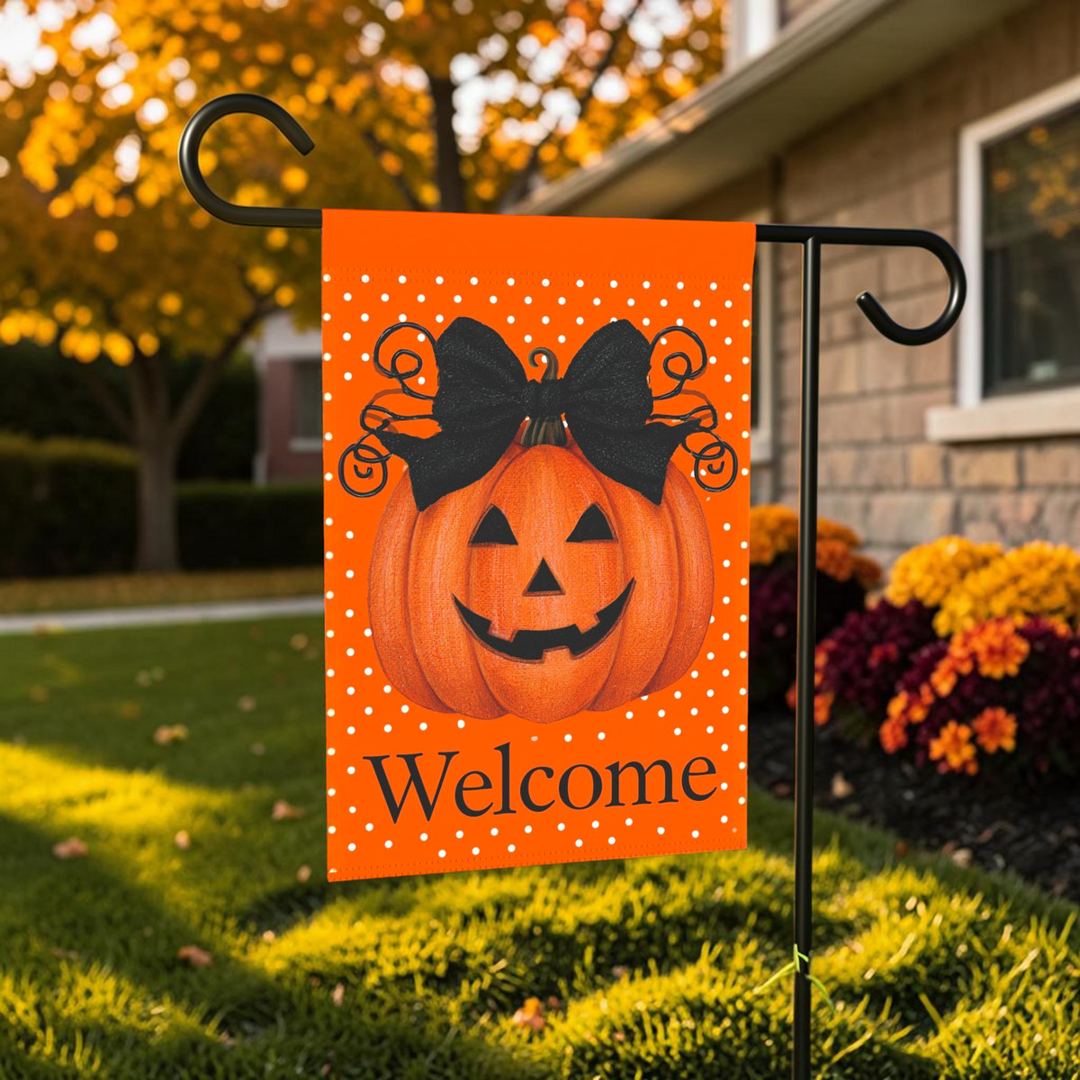 Black Bow Jack-o'-Lantern Pumpkin Welcome Garden Flag Double Sided 12x18 24x32