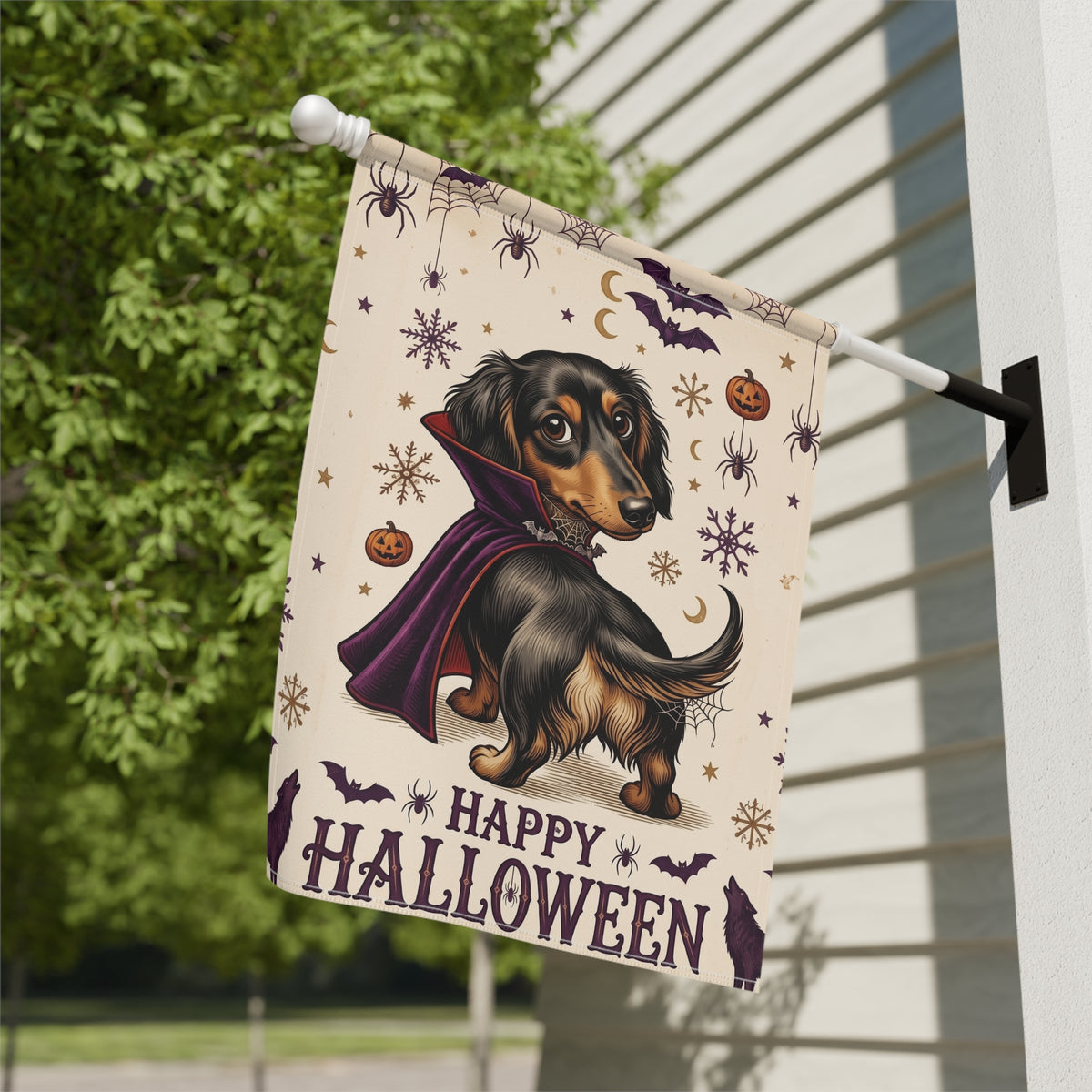 Happy Halloween Vampire Long Hair Dachshund Garden Flag