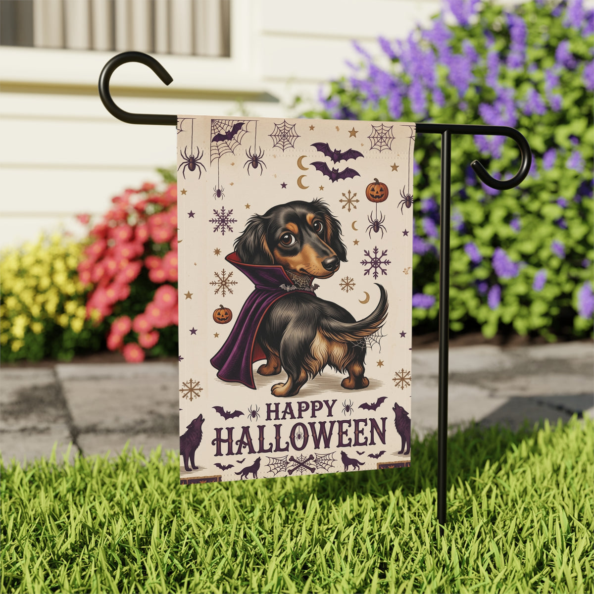Happy Halloween Vampire Long Hair Dachshund Garden Flag