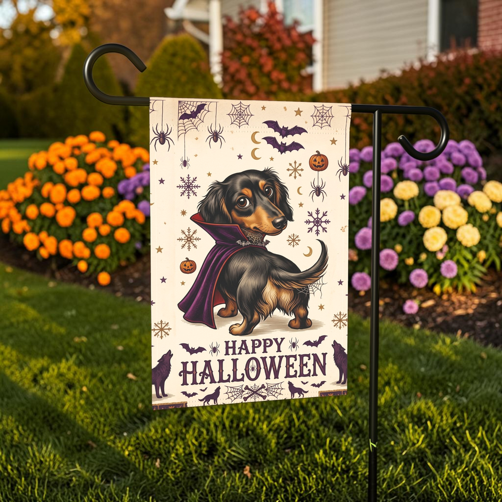 Happy Halloween Vampire Long Hair Dachshund Garden Flag